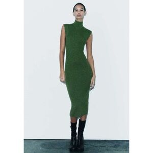 Zara Metallic Thread Knit Dress Green Small